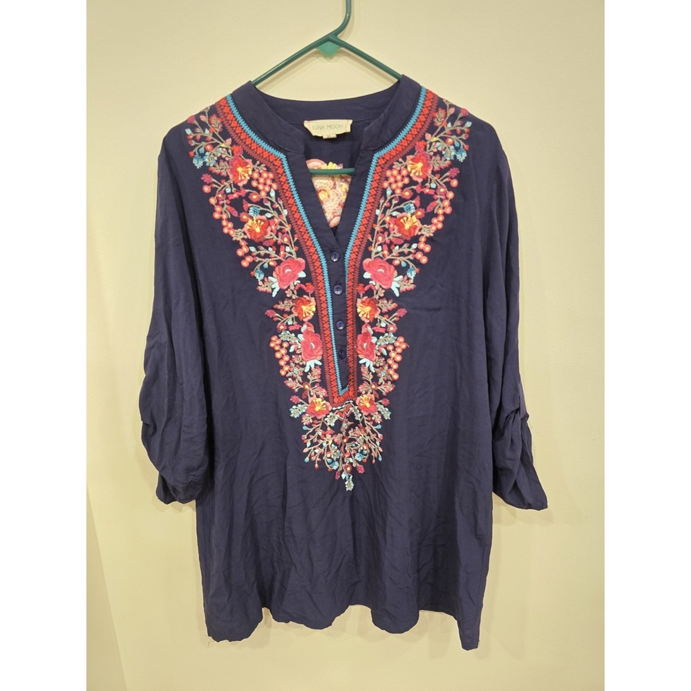 Luna Moon Anthropologie‎ Blue Floral Embroidered Women's Tunic Size XLarge